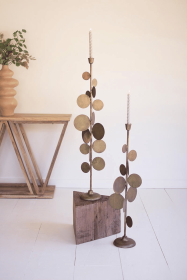 SET OF TWO ANTIQUE BRASS CANDLE HOLDERS WITH ROUND DISCS DETAIL
