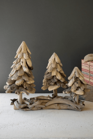 THREE DRIFTWOOD CHRISTMAS TREES ON A BASE