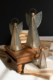 SET OF THREE ANTIQUE BRASS AND GLASS CHRISTMAS ANGELS