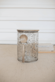GLASS CANISTER WITH WOOD TOP AND SPOON - 10" TALL
