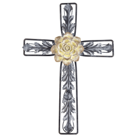 Metal Wall Cross With Resin Flower 18.5"