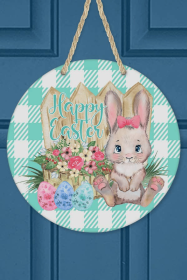 Happy Easter Home Decor Green Plaid Bunny Eggs Door Hanger