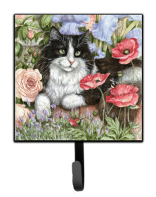 Black and White Cat in Poppies Cat Design Leash or Key Holder