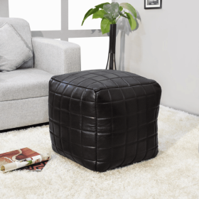 Geometric Handmade Goat Leather Square Pouf (Recycled Cotton Fill) (Color: Black, size: 18x18x18in)