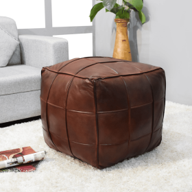 Geometric Handmade Goat Leather Square Pouf (Recycled Cotton Fill) (Color: Brown, size: 14x14x14in)