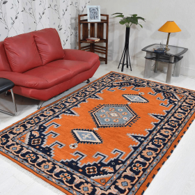 Rugsotic Carpets Hand Knotted Afghan Wool And Silk  Area Rug Oriental Kazak (Color: Dark Orange Navy, size: 6'x9')