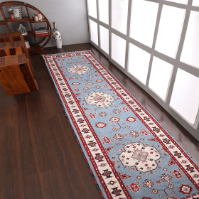 Rugsotic Carpets Hand Knotted Afghan Wool And Silk  Area Rug Oriental Kazak (Color: Blue White, size: 2'6''x10')