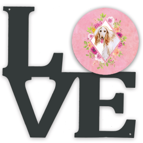 Dog Breed Flowers Design Metal Wall Artwork LOVE (Color: Pink, size: 12 x 12)
