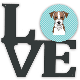 Checkerboard Dog Face Metal Wall Artwork LOVE (Color: Blue, size: 12 x 12)