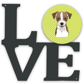 Checkerboard Dog Face Metal Wall Artwork LOVE (Color: Lime Green, size: 12 x 12)