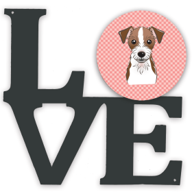 LOVE - Checkerboard Dog Face Metal Wall Artwork (Color: Pink, size: 12 x 12)