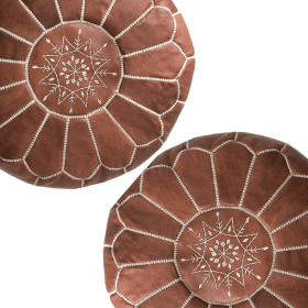 STUFFED leather Moroccan Ottoman pouf (Color: Dark Tan)