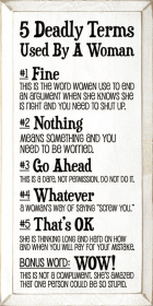 5 Deadly Terms Used by a Woman Wood Sign (Color: Old Cottage White)