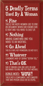 5 Deadly Terms Used by a Woman Wood Sign (Color: Old Red)