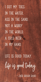 I got my toes in the water - Zach Brown Band Farmhouse Sign (Color: Warm Chestnut with White)