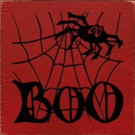 Boo on Spider Web Wood Sign (Color: Old Red / Black)