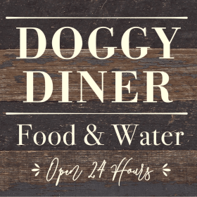 Doggy Diner: Food & Water, Open 24 Hours... Wood Sign (Color: ES - Espresso Brown with Cream Print, size: 6x6)