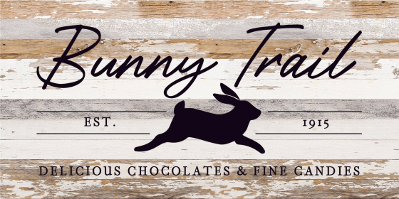 Bunny Trail: Delicious Chocolates & Fine... Wood Sign (Color: WR - White Reclaimed with Black Print, size: 24x12)