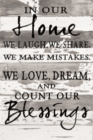 In our home we laugh, we share, we make... Wall Sign (Color: Vintage Natural, size: 12x18)