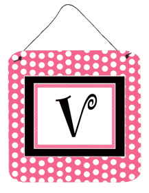 Monogram - Pink Black Polka Dots Wall or Door Hanging Prints (Color: V, size: 6 x 6)