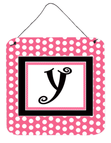 Monogram - Pink Black Polka Dots Wall or Door Hanging Prints (Color: Y, size: 6 x 6)