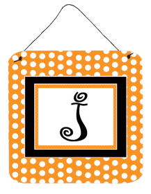 Initial Monogram - Orange Polkadots Wall or Door Hanging Prints (Color: J, size: 6 x 6)