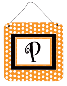 Initial Monogram - Orange Polkadots Wall or Door Hanging Prints (Color: P, size: 6 x 6)