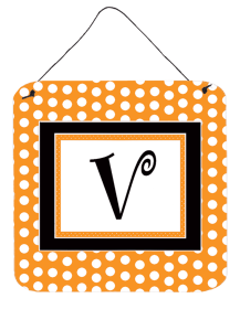 Initial Monogram - Orange Polkadots Wall or Door Hanging Prints (Color: V, size: 6 x 6)