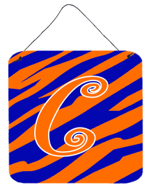 Initial Tiger Stripe Blue and Orange Wall or Door Hanging Prints (Color: C, size: 6 x 6)