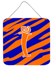 Initial Tiger Stripe Blue and Orange Wall or Door Hanging Prints (Color: I, size: 6 x 6)