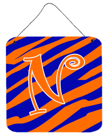 Initial Tiger Stripe Blue and Orange Wall or Door Hanging Prints (Color: N, size: 6 x 6)