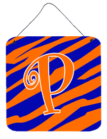 Initial Tiger Stripe Blue and Orange Wall or Door Hanging Prints (Color: P, size: 6 x 6)