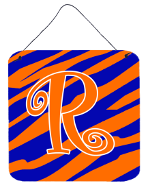 Initial Tiger Stripe Blue and Orange Wall or Door Hanging Prints (Color: R, size: 6 x 6)