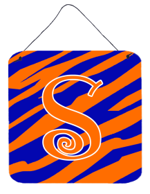 Initial Tiger Stripe Blue and Orange Wall or Door Hanging Prints (Color: S, size: 6 x 6)