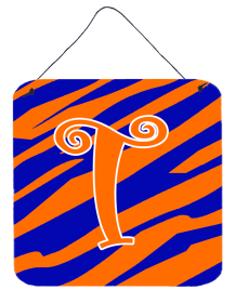 Initial Tiger Stripe Blue and Orange Wall or Door Hanging Prints (Color: T, size: 6 x 6)