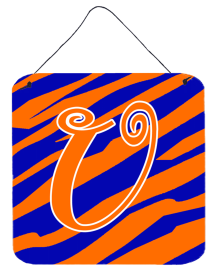 Initial Tiger Stripe Blue and Orange Wall or Door Hanging Prints (Color: U, size: 6 x 6)