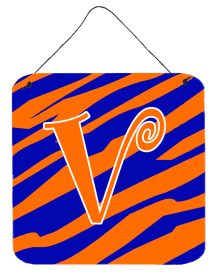 Initial Tiger Stripe Blue and Orange Wall or Door Hanging Prints (Color: V, size: 6 x 6)