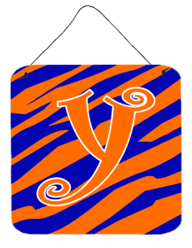 Initial Tiger Stripe Blue and Orange Wall or Door Hanging Prints (Color: Y, size: 6 x 6)