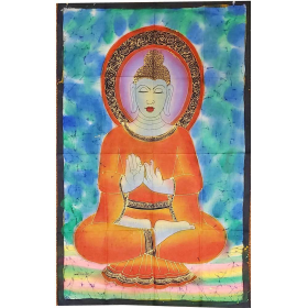 Buddha Teaching Double Lotus Position Meditation Hand Painted Wall Mural Banner (Color: Blue)