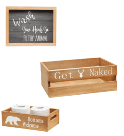 Elegant Designs Three Piece Decorative Wood Bathroom Set, Large, (1 Towel Holder, 1 Frame, 1 Toilet Paper Holder) (Color: Natural, size: Frame)