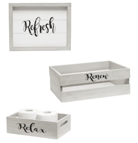 Elegant Designs Three Piece Decorative Wood Bathroom Set, Large, (1 Towel Holder, 1 Frame, 1 Toilet Paper Holder) (Color: Gray Wash, size: Frame)