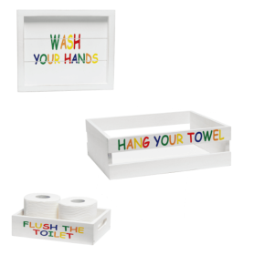 Elegant Designs Three Piece Decorative Wood Bathroom Set  (1 Towel Holder, 1 Frame, 1 Toilet Paper Holder) (Color: White Wash/Multicolor, size: Frame)