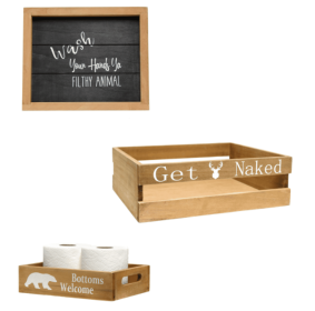 Elegant Designs Three Piece Decorative Wood Bathroom Set  (1 Towel Holder, 1 Frame, 1 Toilet Paper Holder) (Color: Natural, size: Frame)