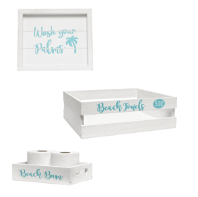 Elegant Designs Three Piece Decorative Wood Bathroom Set  (1 Towel Holder, 1 Frame, 1 Toilet Paper Holder) (Color: White Wash/Teal, size: Frame)